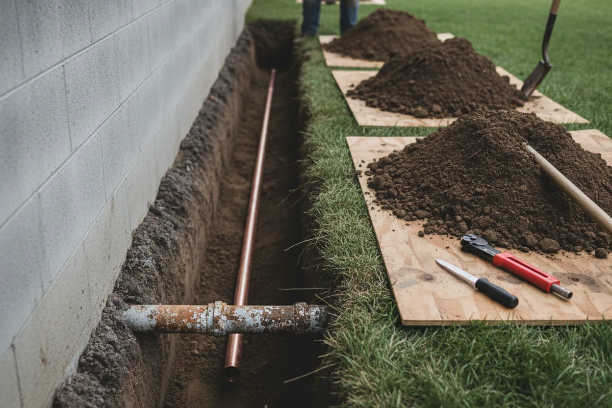 Excavated water line trench during Water Softener Installation in Manchaca